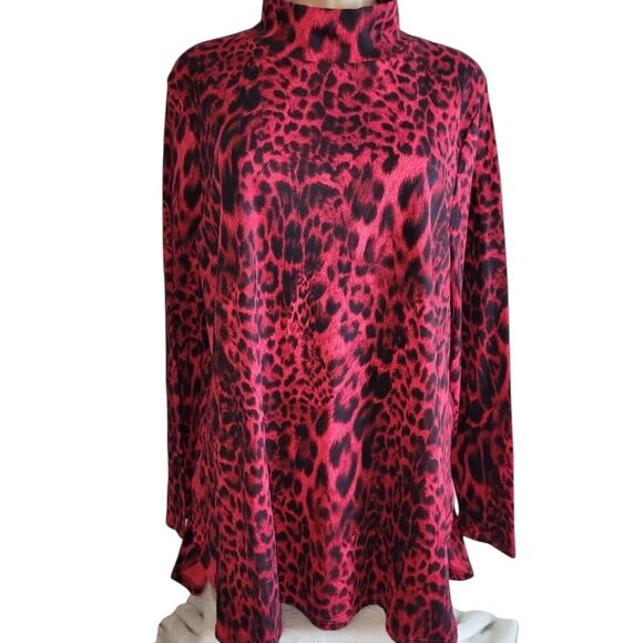 Chicos Size 2, Large Red Leopard Mock Turtle Neck Long Sleeve Blouse Top - Picture 2 of 6